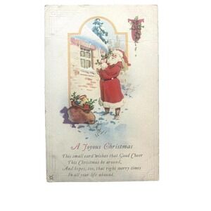 Vintage Santa Claus Post Card Red Suit Bag of‎ Toys Mistletoe
